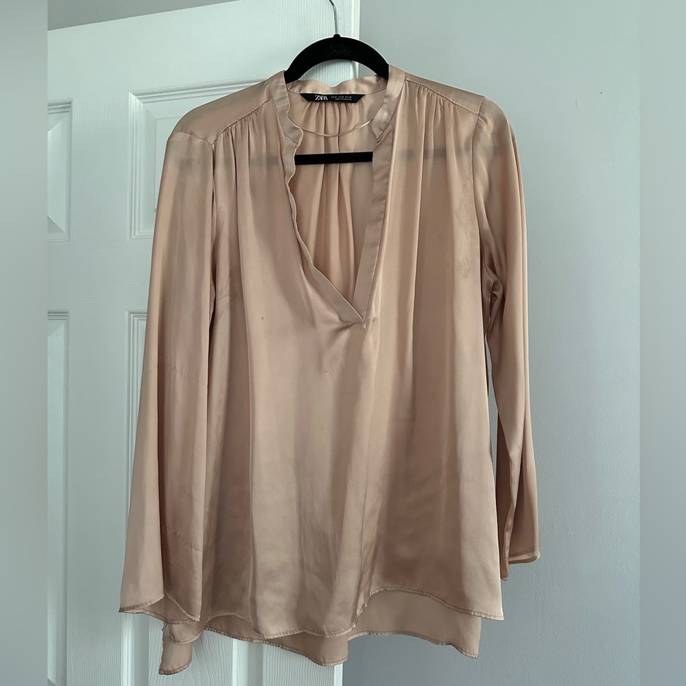 pink silk zara blouse with deep v